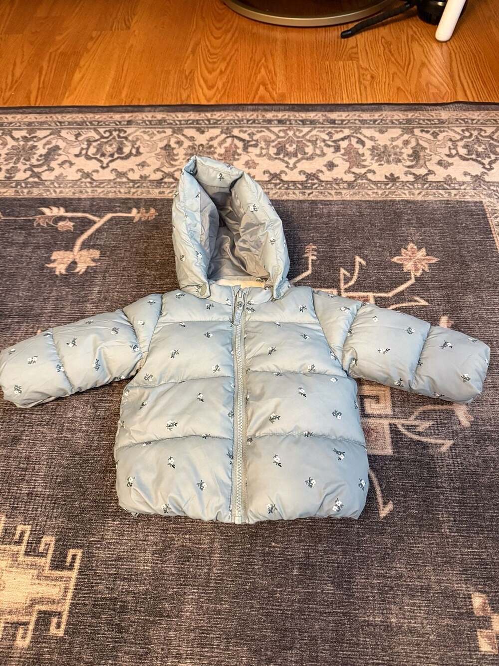 H&M Water-Repellent Puffer Jacket Size 9M Green Floral Hooded Coat